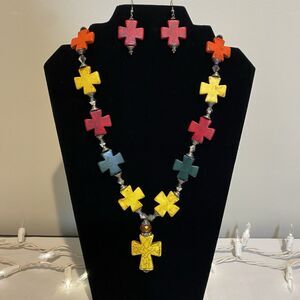 Crosses Necklace & Earrings Set, Colorful Fashion Jewelry Multicolor